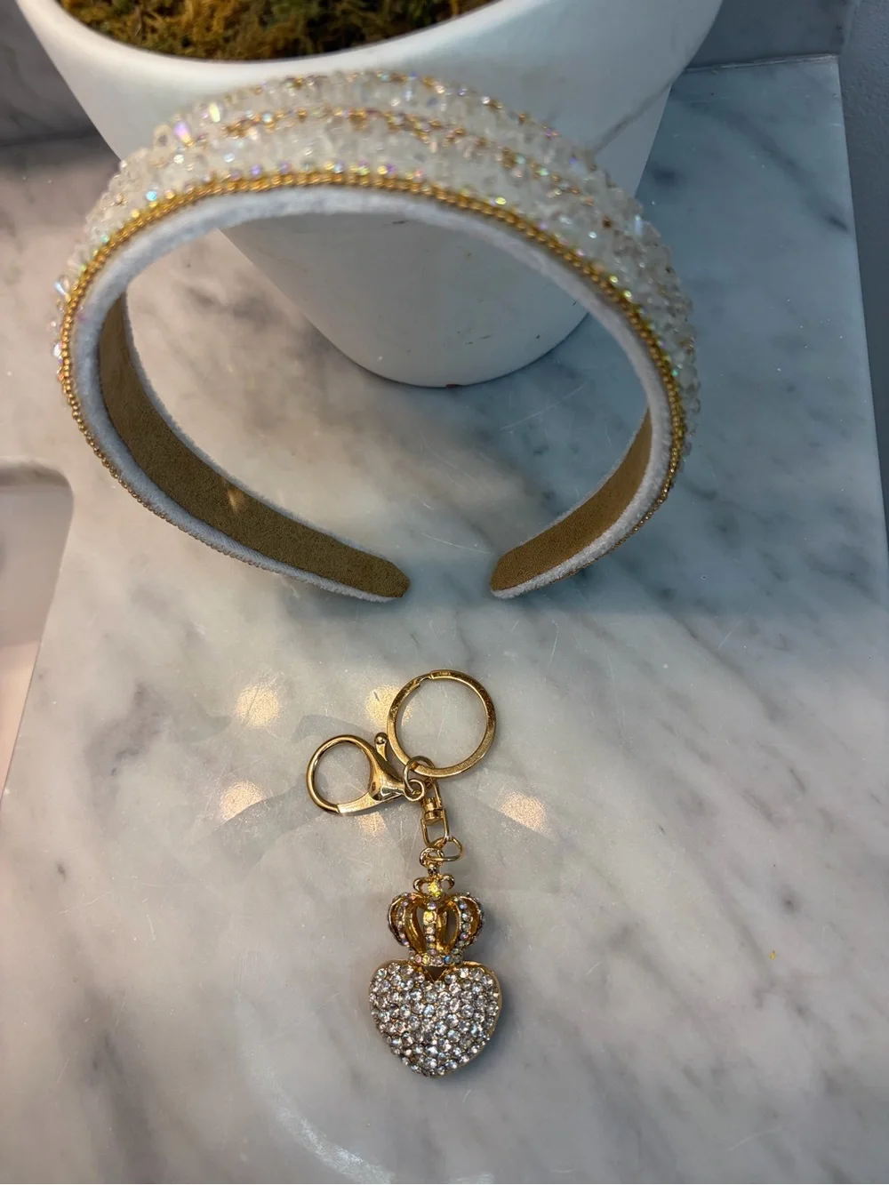 Princess Bundle Gold-Trim White Headband and Gold Crystal Heart Keychain